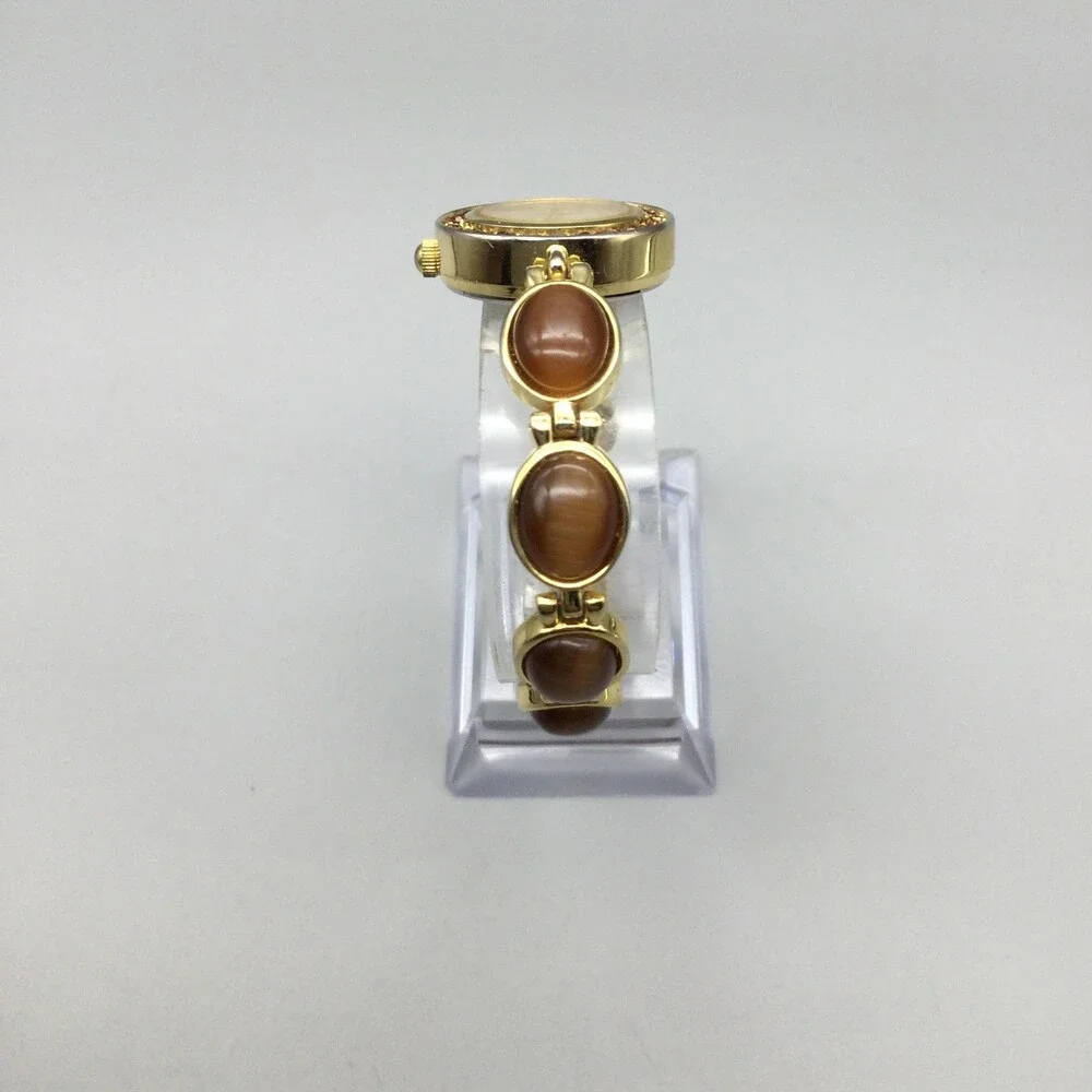 Brown Gemstone Womens Watch 22mm MOP Dial Gold Tone Bracelet New Battery 7.25
